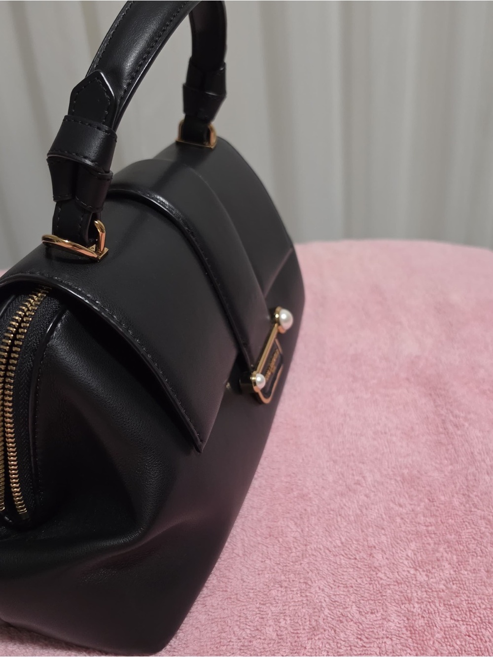 Karl Lagerfeld Black Leather Satchel with Pearl and Gold Accents - Picture 2 of 13